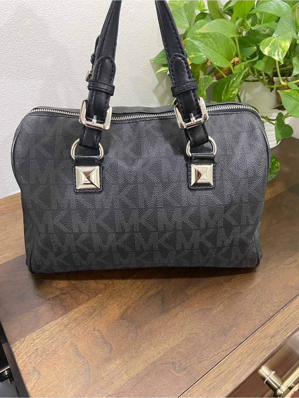 Michael Kors Black/Gray Logo Duffle Satchel w/Silver Hardware (possibly Grayson)